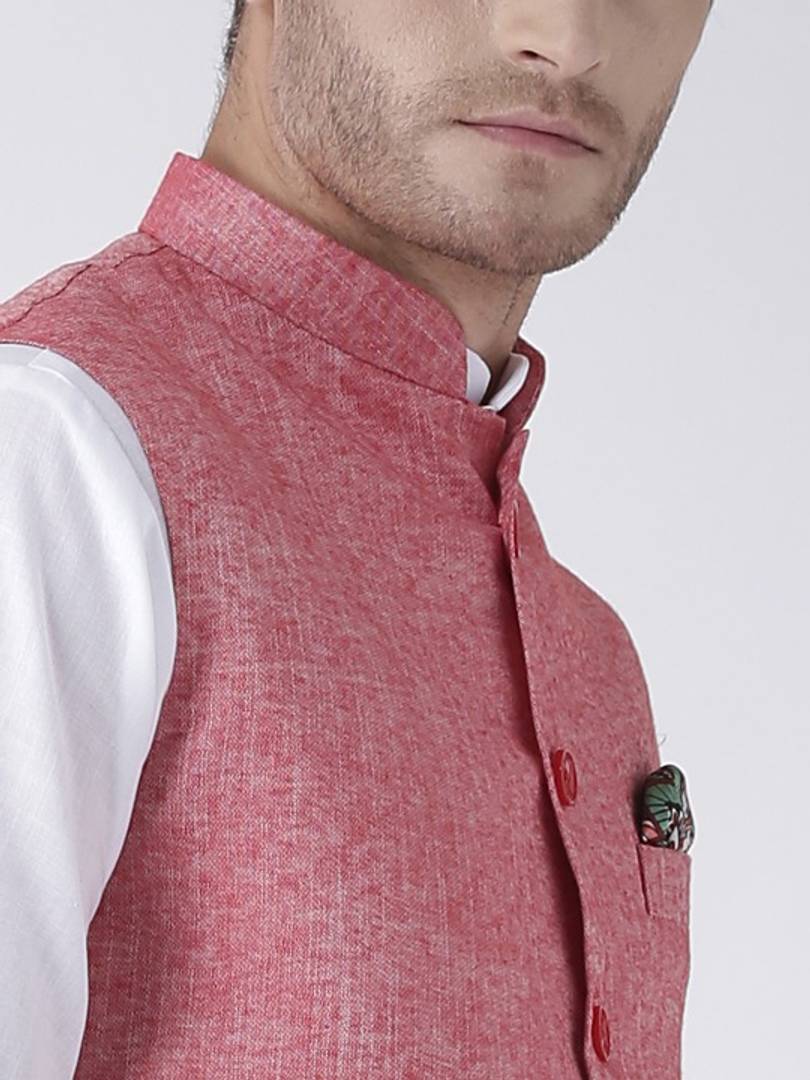 Men's Red 
Linen
 Solid
 Nehru Jackets
